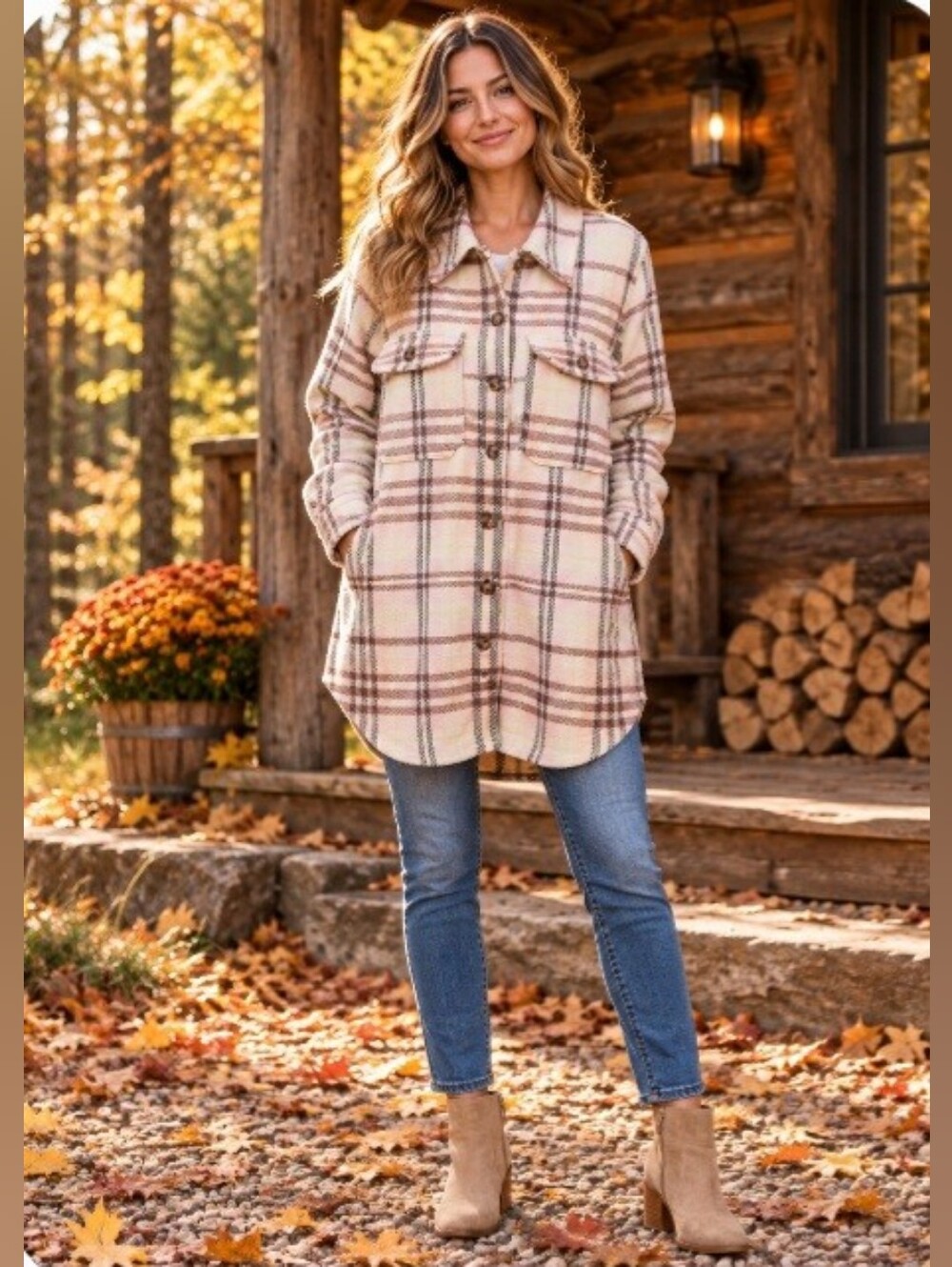 Universal Thread Cream Plaid Teddy Jacket with Pink & Brown Stripes